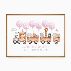 Personalised safari train birth print with pink name balloons, watercolour animals and the baby’s birth details