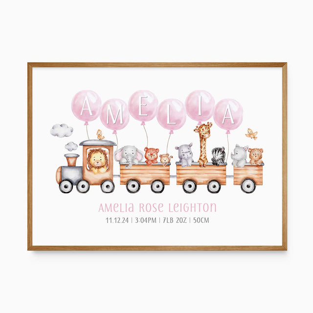 Personalised safari train birth print with pink name balloons, watercolour animals and the baby’s birth details