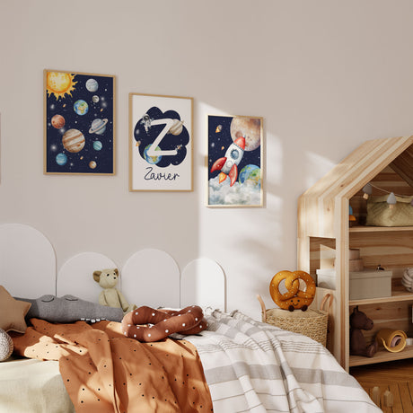 Personalised space kids wall art set with solar system planets, rocket print and custom initial name art in deep navy tones for boys bedroom decor