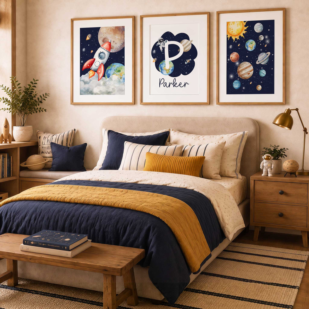 Set of three space prints showing a solar system chart, launching rocket and astronaut initial personalised with a child’s name