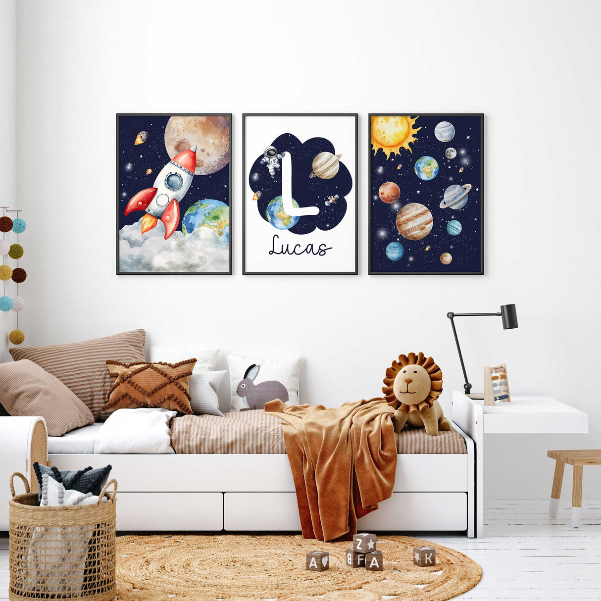 personalised space wall art set of 3 for boys room