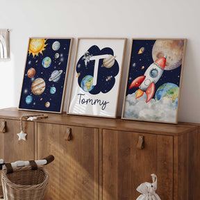Personalised space wall art set of 3 prints with solar system, rocket, and initial