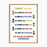 Personalised superhero wall art featuring illustrated superheroes and a custom name with a favourite superhero quote