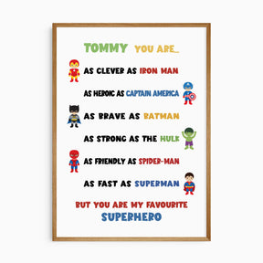 Personalised superhero wall art featuring illustrated superheroes and a custom name with a favourite superhero quote