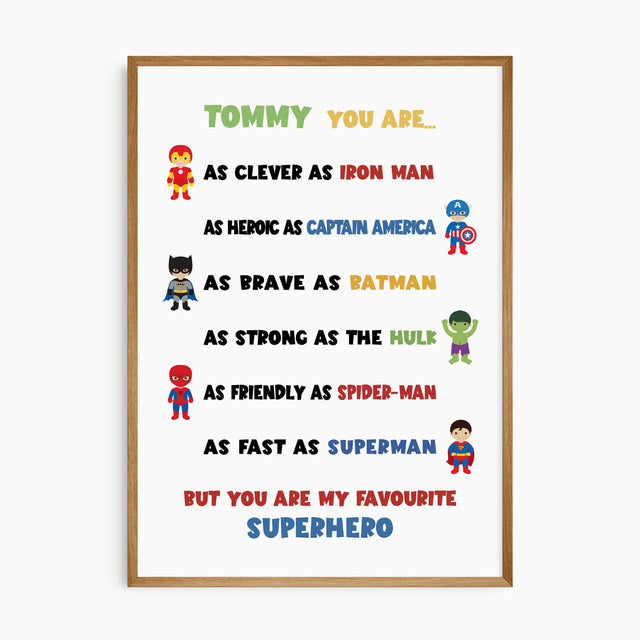 Personalised superhero wall art featuring illustrated superheroes and a custom name with a favourite superhero quote