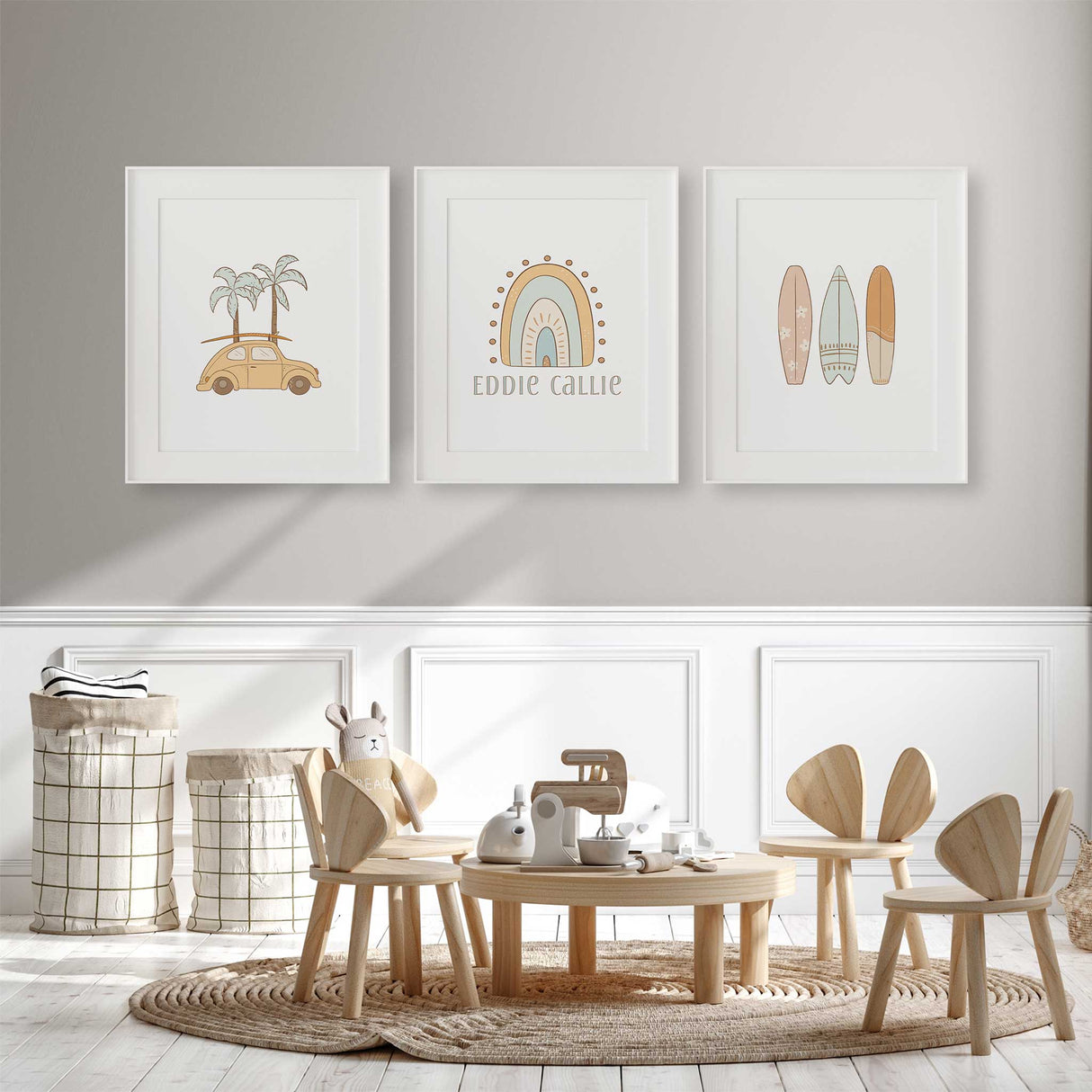 Three piece surf themed nursery wall art set featuring a vintage car with palm trees personalised rainbow name print and surfboard illustration in soft neutral boho colours
