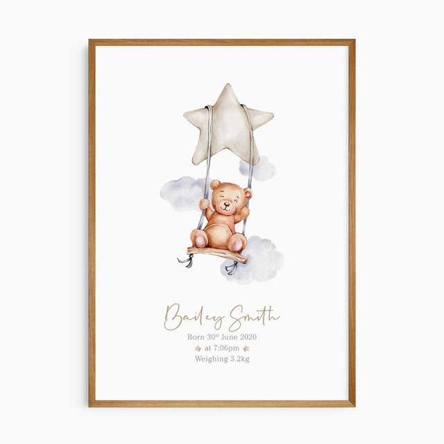 Personalised teddy bear birth print with baby name and birth details, available with a blue, pink or beige star