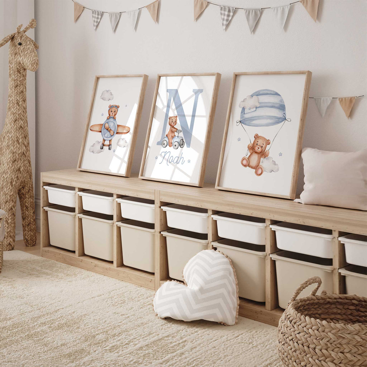 Personalised teddy bear nursery set with a blue initial, name, bear in a plane and blue striped parachute
