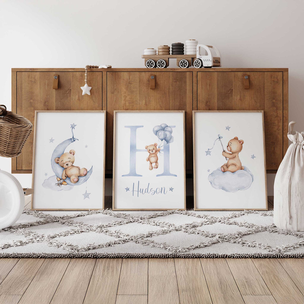 Personalised teddy bear print set featuring blue balloon, moon and cloud teddy designs for boys nursery wall decor