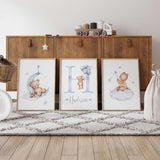Personalised teddy bear print set featuring blue balloon, moon and cloud teddy designs for boys nursery wall decor