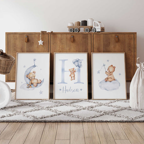 Personalised teddy bear print set featuring blue balloon, moon and cloud teddy designs for boys nursery wall decor