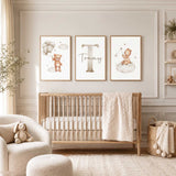 Set of three personalised teddy bear nursery prints featuring a balloon bear, custom initial and name, and bear on a cloud.