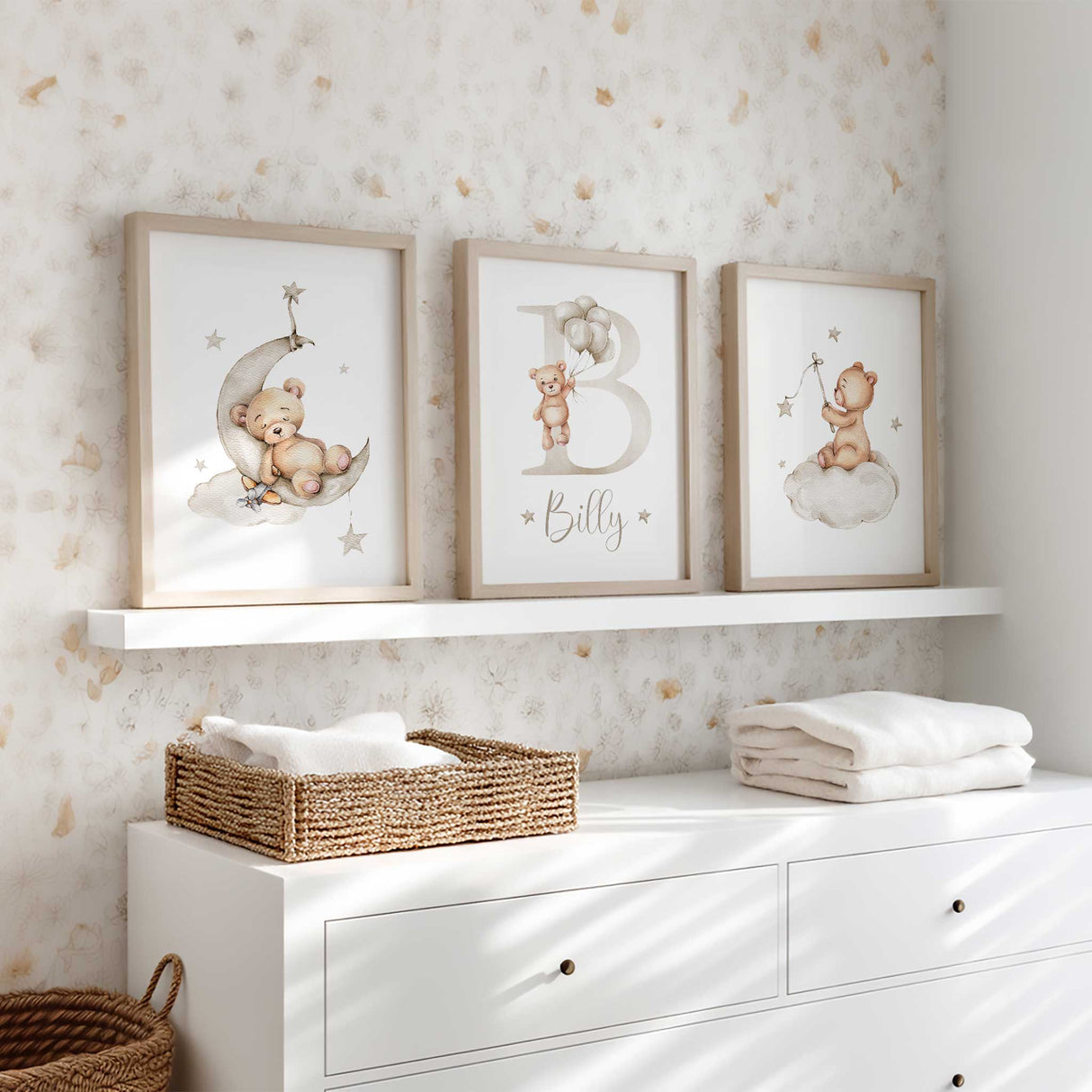 Set of 3 personalised teddy bear nursery prints in neutral beige tones featuring a sleeping bear on the moon, initial name print and bear on a cloud.