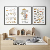Transport alphabet and counting prints with watercolour vehicles beside a grey road T initial and Tommy name.