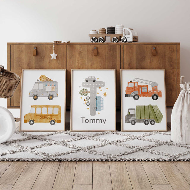 Three transport prints with road initial and name, ice cream van, school bus, fire engine and green rubbish truck.