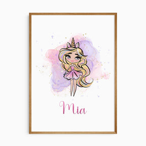Personalised unicorn print for girls with custom name and pastel colours