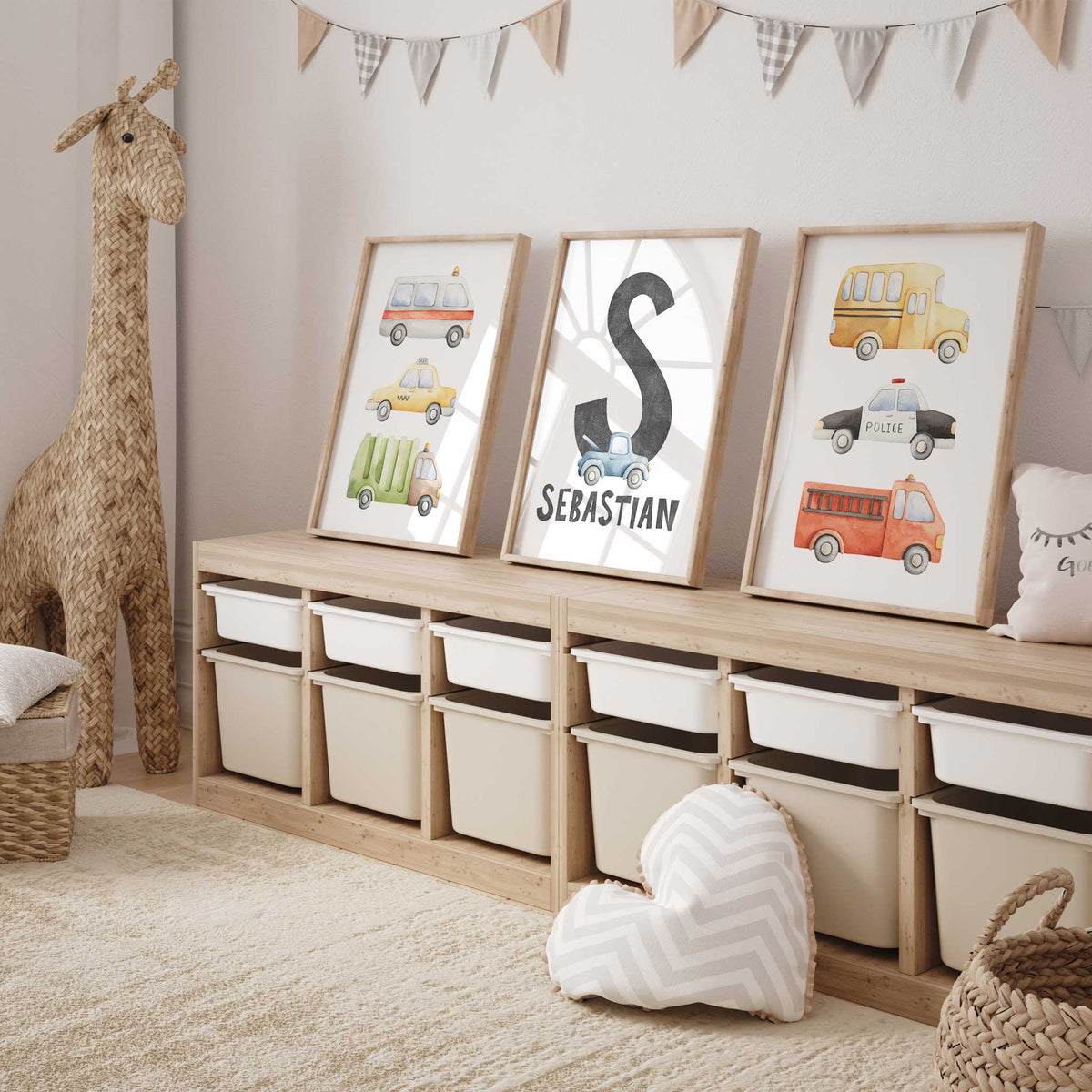 Watercolour vehicle print set with ambulance, taxi, bus and trucks, plus a grey initial and name with tow truck.