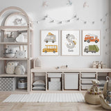 Set of three vehicle prints with road initial and name, grey ice cream van, yellow bus, fire engine and rubbish truck.