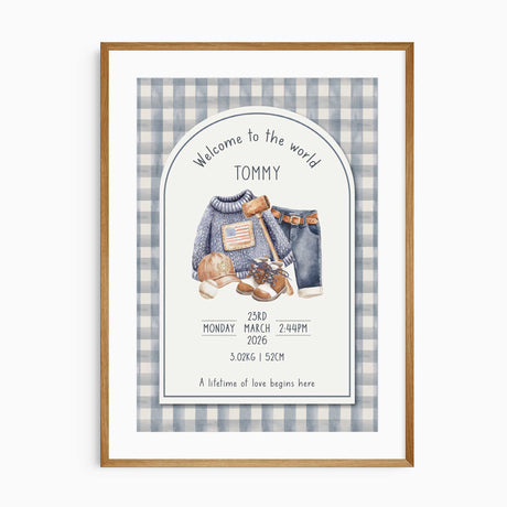 Personalised vintage baby boy birth print with blue gingham, classic clothing, baseball and the baby’s birth details