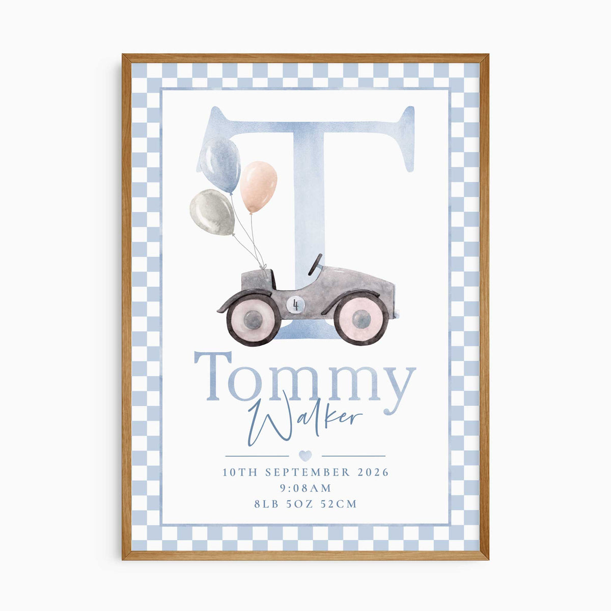 Personalised birth print with a blue watercolour letter vintage ride-on car, balloons, birth details and blue chequered border.