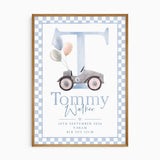 Personalised birth print with a blue watercolour letter vintage ride-on car, balloons, birth details and blue chequered border.