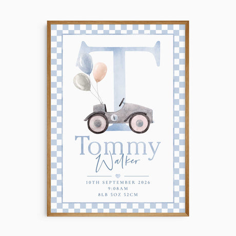 Personalised birth print with a blue watercolour letter vintage ride-on car, balloons, birth details and blue chequered border.