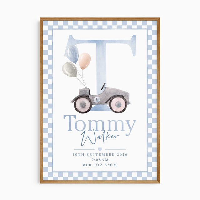 Personalised birth print with a blue watercolour letter vintage ride-on car, balloons, birth details and blue chequered border.