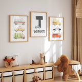 Three watercolour vehicle prints with ambulance, taxi, rubbish truck, bus, police car, fire engine and initial.