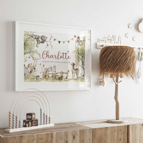 Woodland nursery print with baby name and birth details