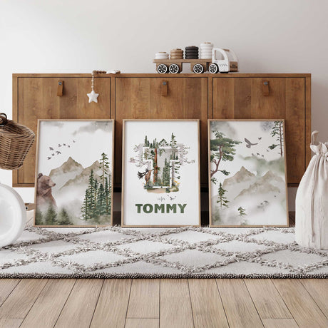Set of three woodland prints with bears, misty mountains, forest trees and a personalised initial and name