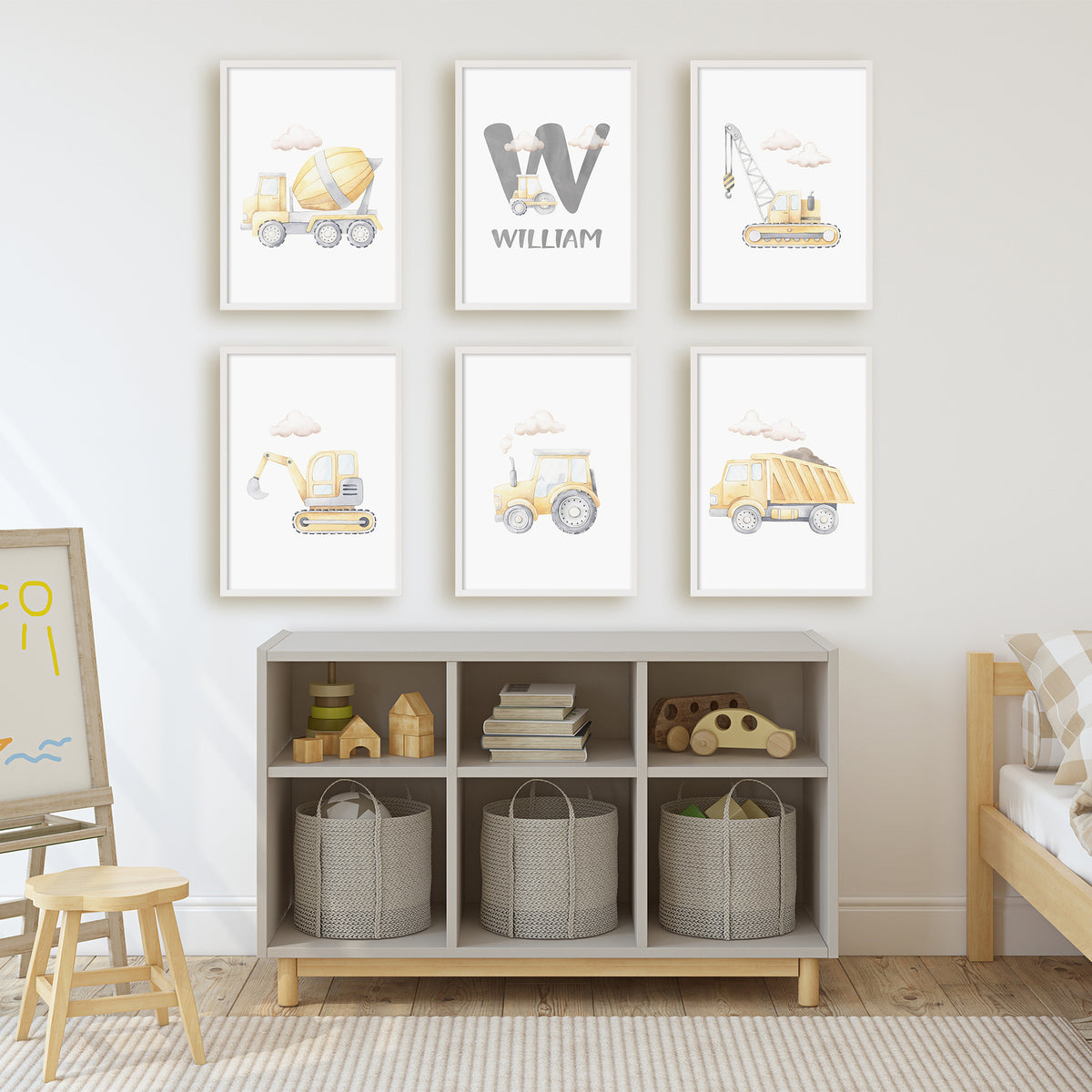 Yellow construction print set of six with clouds, watercolour vehicles and a personalised print.