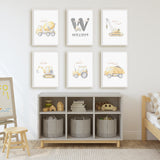 Yellow construction print set of six with clouds, watercolour vehicles and a personalised print.