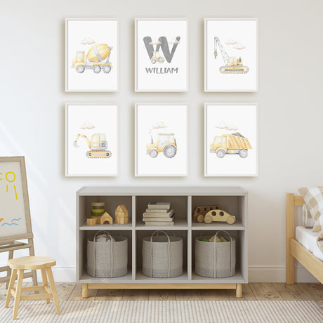 Yellow construction print set of six with clouds, watercolour vehicles and a personalised print.