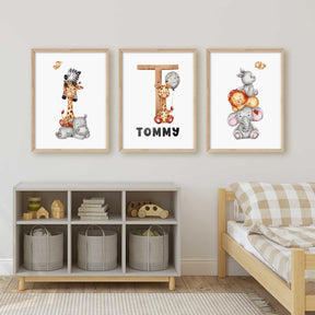 Personalized jungle animal nursery print featuring giraffe, hippo, and zebra for baby room decor