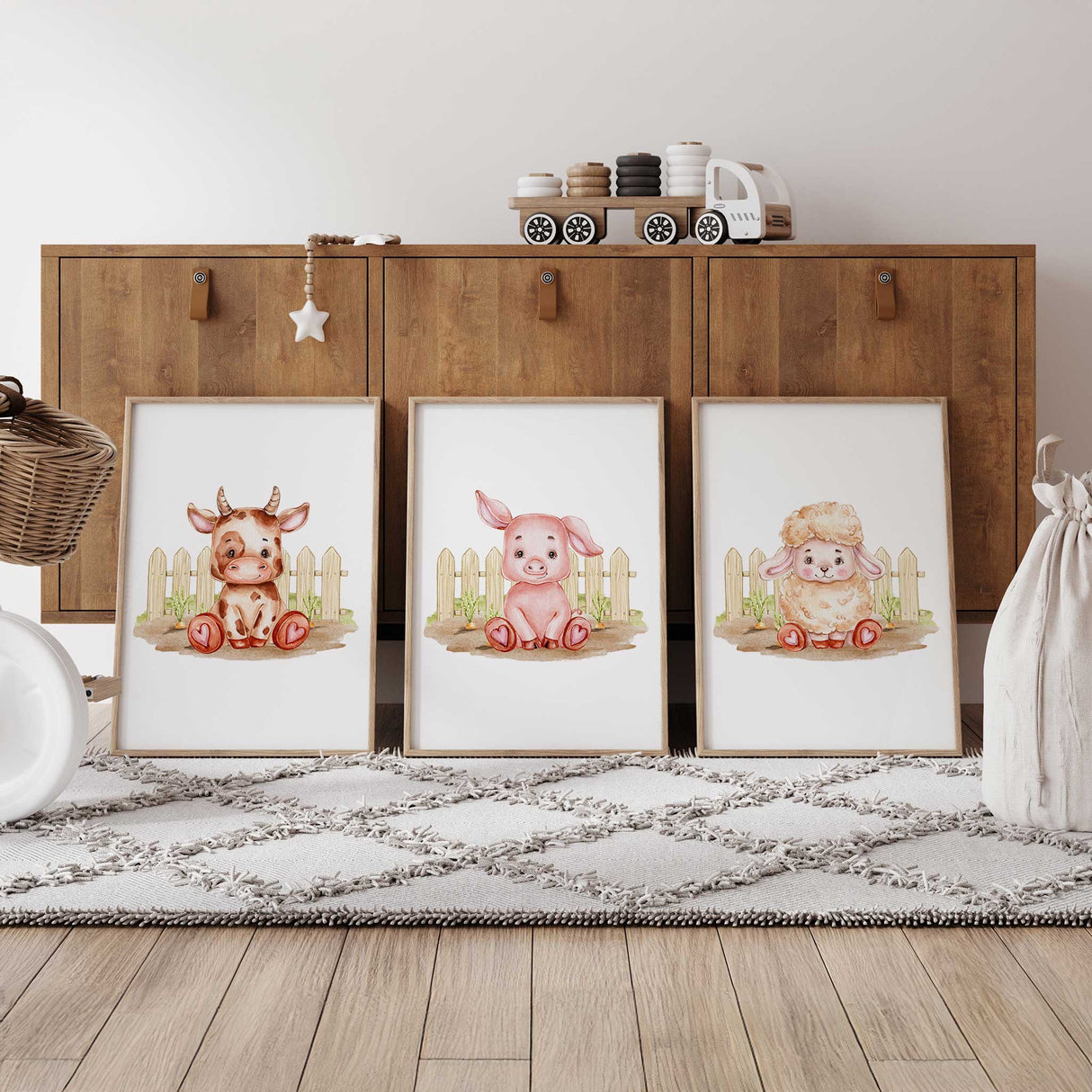 Set of three farmhouse animal prints in soft watercolor tones, perfect for country nursery or playroom wall art.