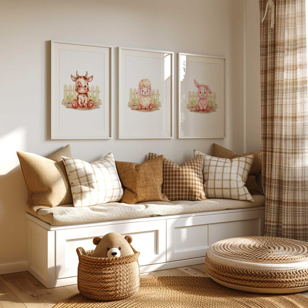 Set of three farm animal prints featuring a pig, cow, and lamb in front of a wooden fence, ideal for farmhouse nursery or kids room wall decor.