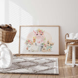 Nursery wall art print with piglet lamb and kitten in pastel farmhouse style