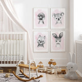 pink watercolour animal nursery wall art set for girls room
