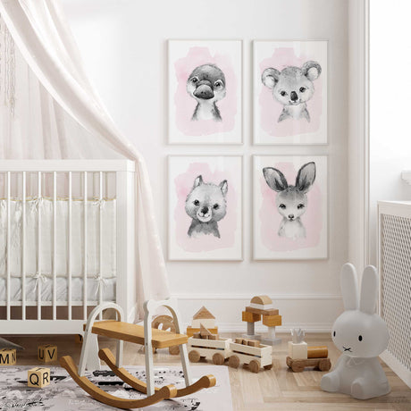 pink watercolour animal nursery wall art set for girls room