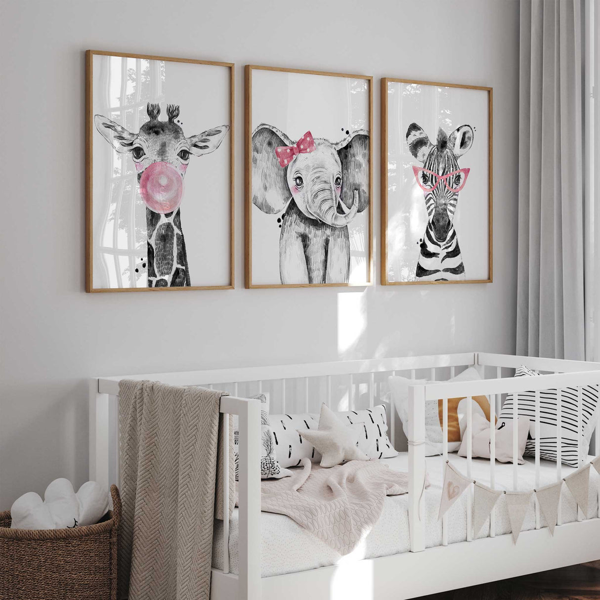 Pink animal prints girls bedroom wall art set featuring bubblegum giraffe and zebra glasses