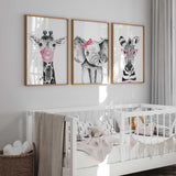 Pink animal prints girls bedroom wall art set featuring bubblegum giraffe and zebra glasses