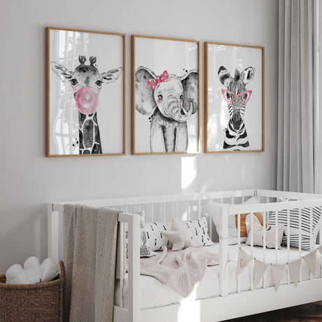 Pink animal prints girls bedroom wall art set featuring bubblegum giraffe and zebra glasses