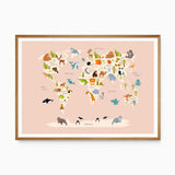 Pink animal world map print with colourful illustrated wildlife, cream continents and ocean labels