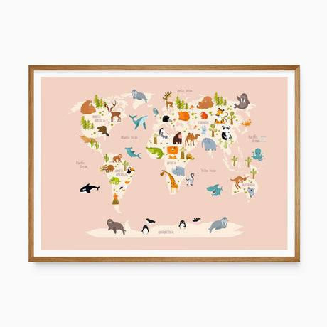 Pink animal world map print with colourful illustrated wildlife, cream continents and ocean labels
