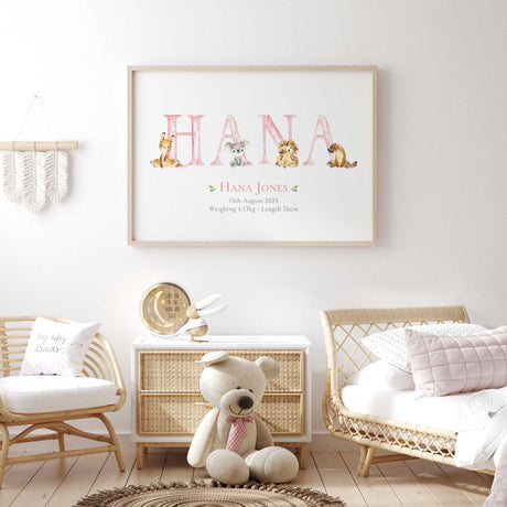 Pink Australian animal name print featuring a kangaroo, koala, echidna and platypus with the child’s birth details