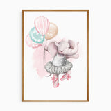 Pink ballerina elephant nursery wall art with tutu and balloons
