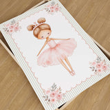 Watercolour ballerina in a pink tutu with a crown, floral corners, a blush scalloped outline and sage striped border.