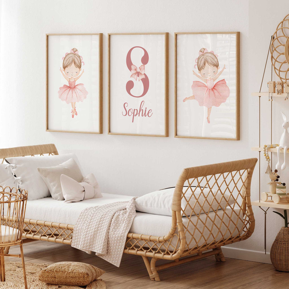 set of three personalised ballerina prints with pink dancers and initial name wall art for girls room