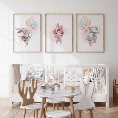 Pink ballerina nursery wall art set of 3 with bunny and elephant in tutus