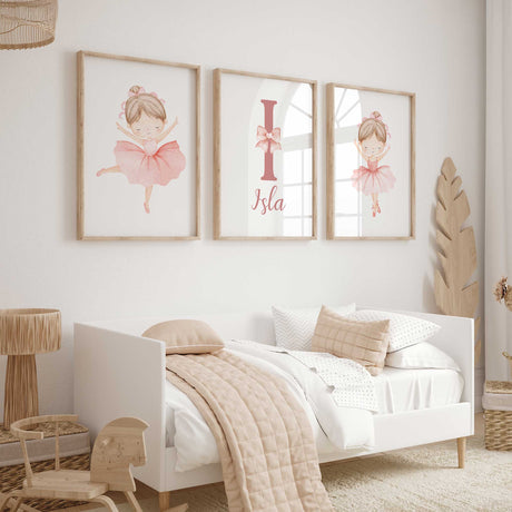 Set of three soft pink ballerina prints including two dancers and a personalised name design for a girls bedroom